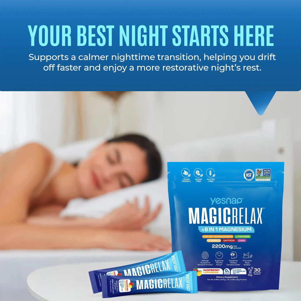 Yesnap MAGICRELAX Calming Sparking Mix with 8-in-1 Magnesium KSM-66 Ashwagandha Saffron Vitamin D3 GABA L-Theanine Supports Cortisol Balance Mood Sleep 30 Servings No Sugar Non GMO Raspberry Lemonade Flavor