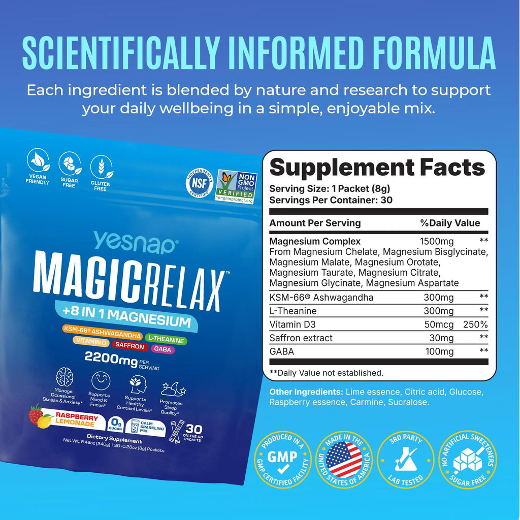 Yesnap MAGICRELAX Calming Sparking Mix with 8-in-1 Magnesium KSM-66 Ashwagandha Saffron Vitamin D3 GABA L-Theanine Supports Cortisol Balance Mood Sleep 30 Servings No Sugar Non GMO Raspberry Lemonade Flavor