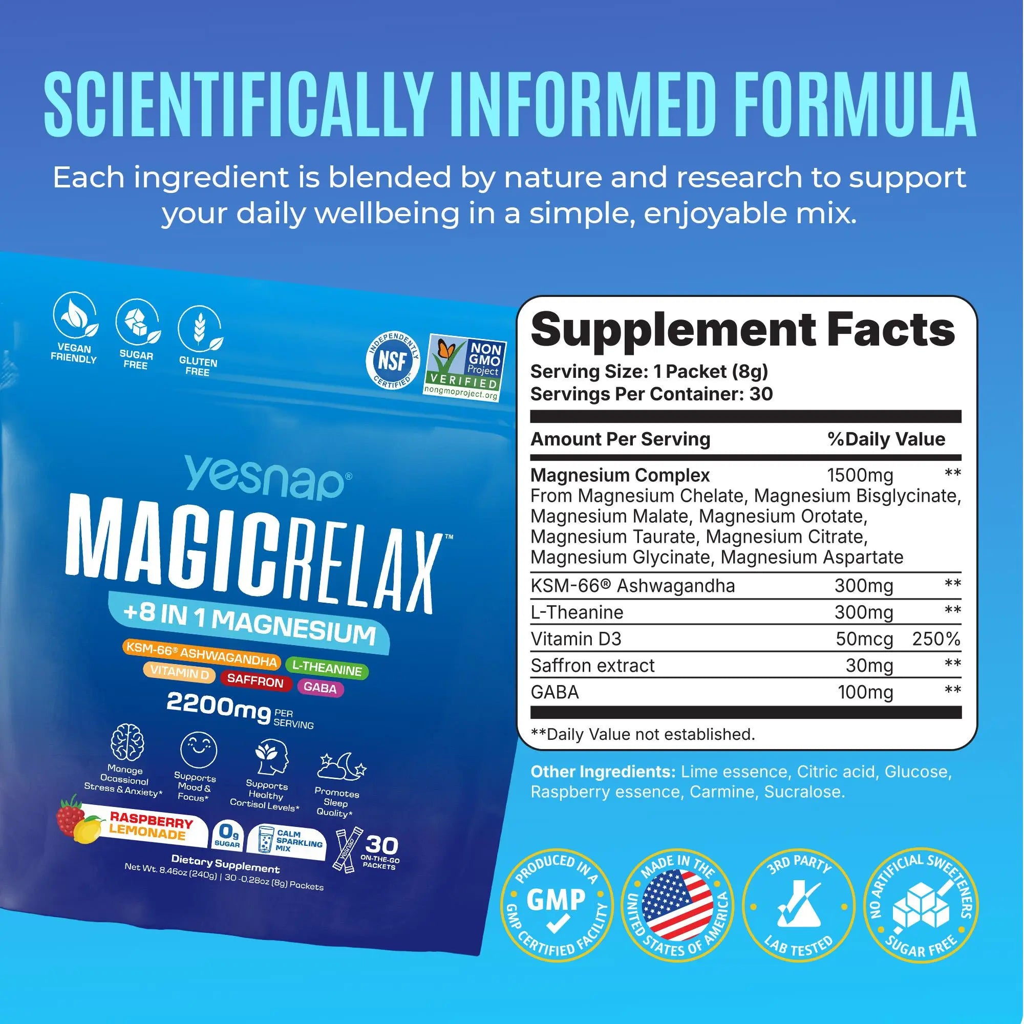 Yesnap MAGICRELAX Calming Sparking Mix with 8-in-1 Magnesium KSM-66 Ashwagandha Saffron Vitamin D3 GABA L-Theanine Supports Cortisol Balance Mood Sleep 30 Servings No Sugar Non GMO Raspberry Lemonade Flavor