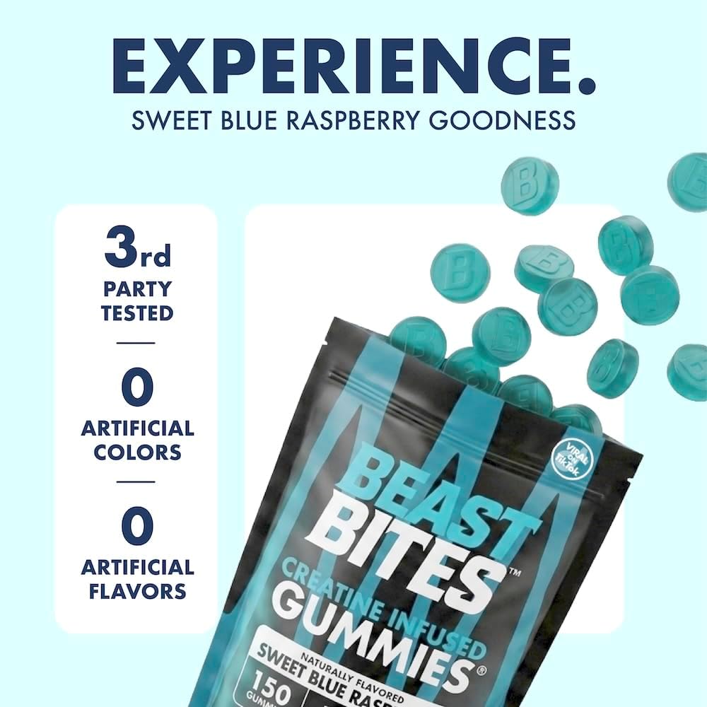 Creatine Infused Gummies -  5g Creatine Monohydrate Per Serving - NSF Certified for Sport, Clean Label Project Certified (150 Gummies, Sweet Blue Raspberry)