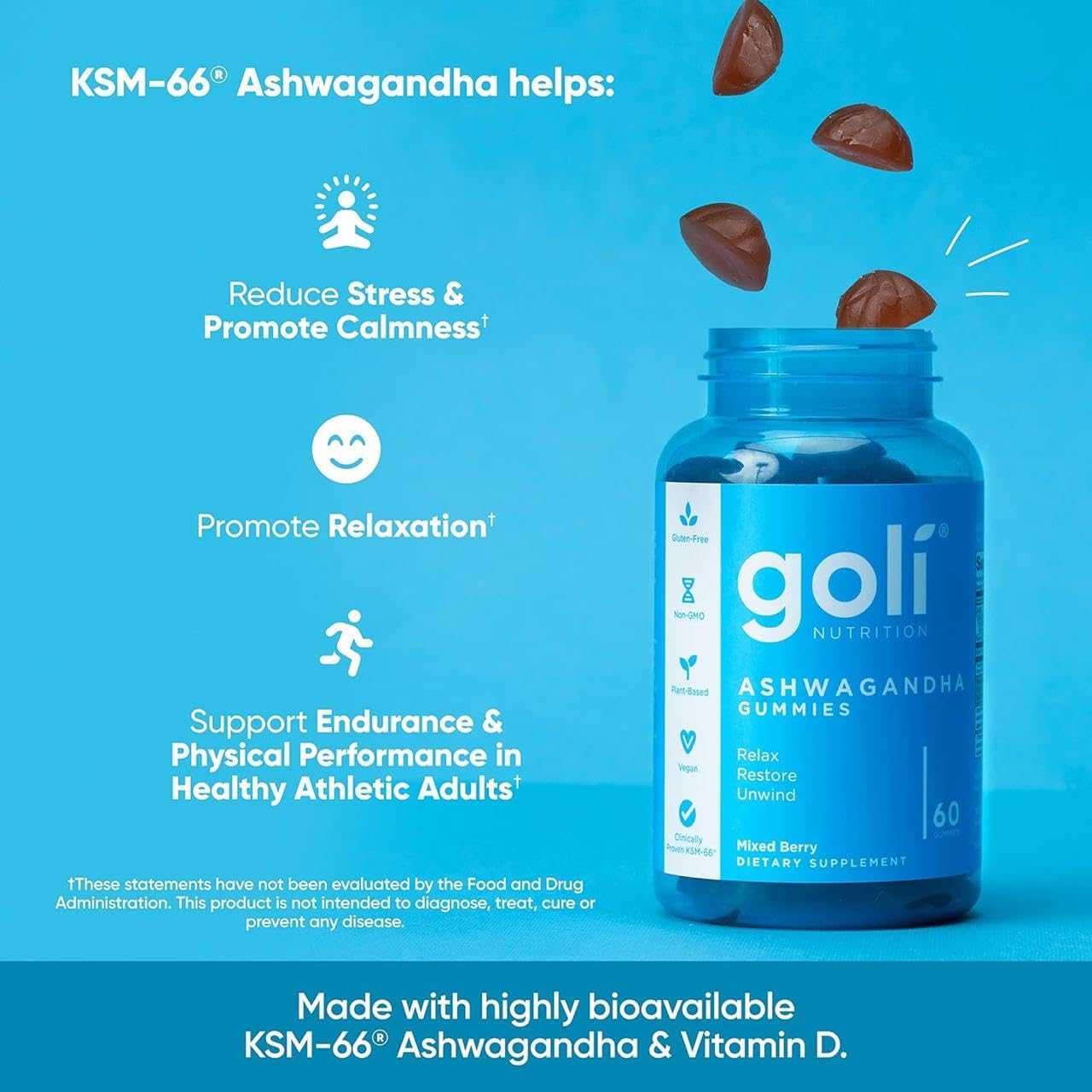 Goli Zero Sugar Ashwagandha & Vitamin D, Maca, L-Theanine Gummies, No Artificial Sweeteners, No Sugar Alcohols. Mixed Berry, KSM-66, Vegan, Plant Based, Non-GMO, Gluten-Free & Gelatin Free.