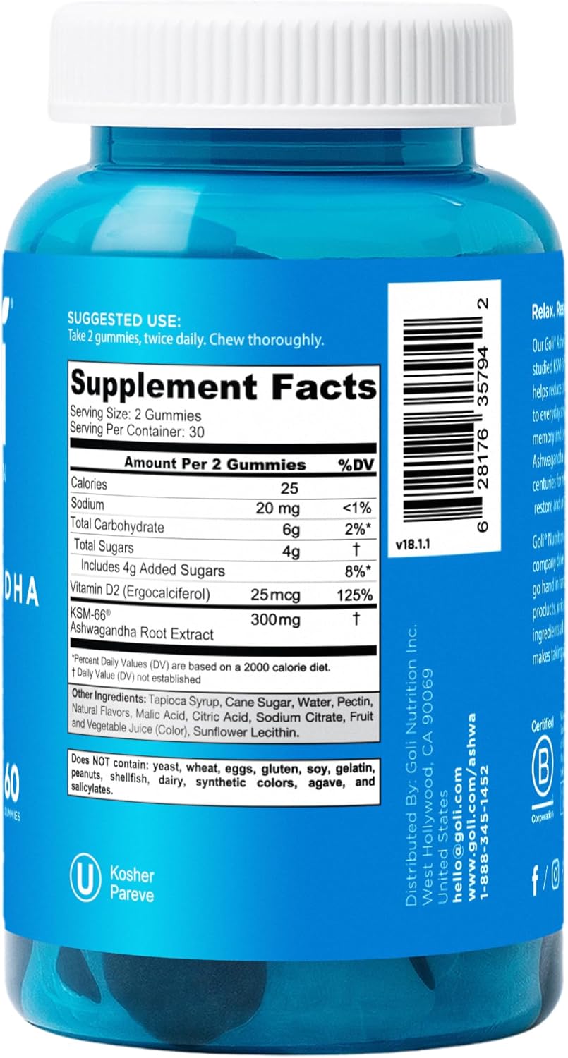 Goli Zero Sugar Ashwagandha & Vitamin D, Maca, L-Theanine Gummies, No Artificial Sweeteners, No Sugar Alcohols. Mixed Berry, KSM-66, Vegan, Plant Based, Non-GMO, Gluten-Free & Gelatin Free.