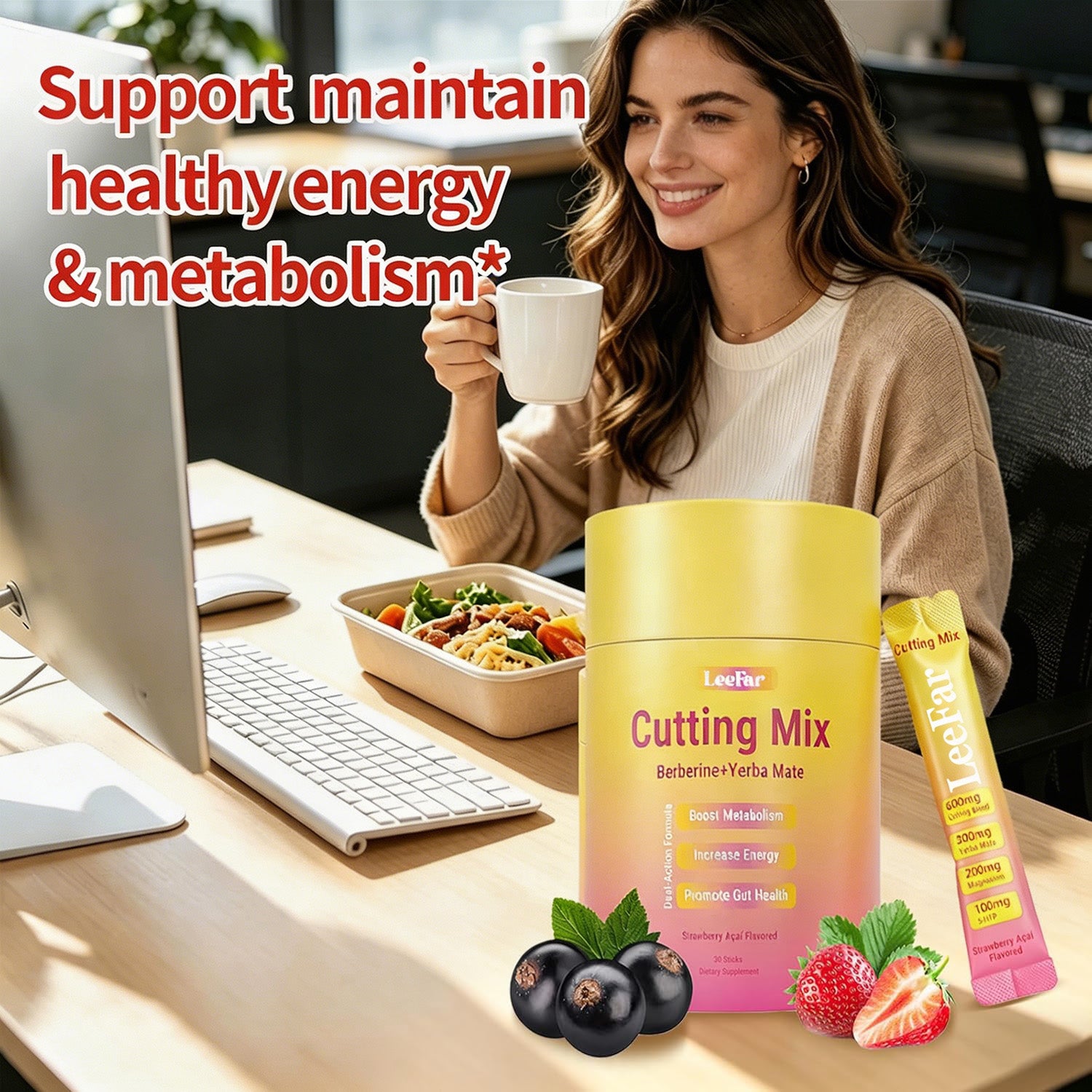 Cutting Drink Mix - Berberine, 5-HTP & Yerba Mate for Satiety Signaling, Metabolism & Gut Health - Strawberry Acai Flavor, 30 Count