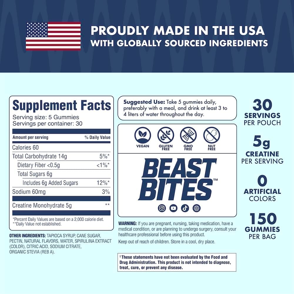 Creatine Infused Gummies -  5g Creatine Monohydrate Per Serving - NSF Certified for Sport, Clean Label Project Certified (150 Gummies, Sweet Blue Raspberry)