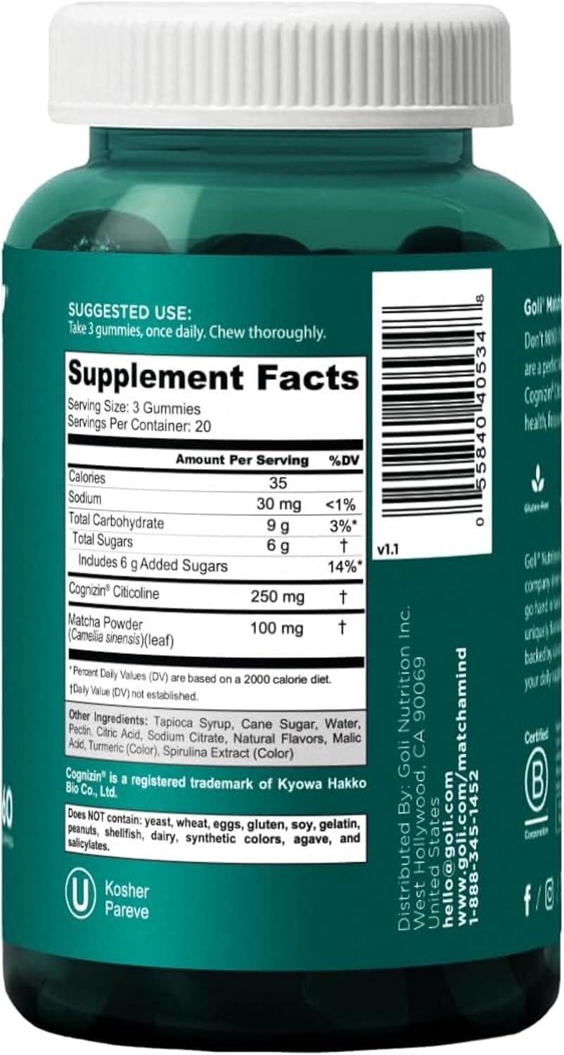Goli Matcha Mind Cognitive Gummies with Cognizin Citicoline - 250mg Citicoline Plus Matcha Powder - Brain Health and Focus Support - Vegan, Non-GMO, Gluten-Free