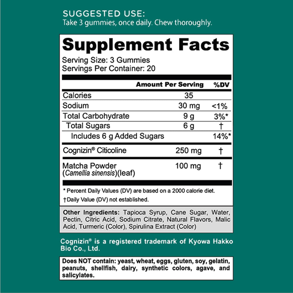 Goli Matcha Mind Cognitive Gummies with Cognizin Citicoline - 250mg Citicoline Plus Matcha Powder - Brain Health and Focus Support - Vegan, Non-GMO, Gluten-Free