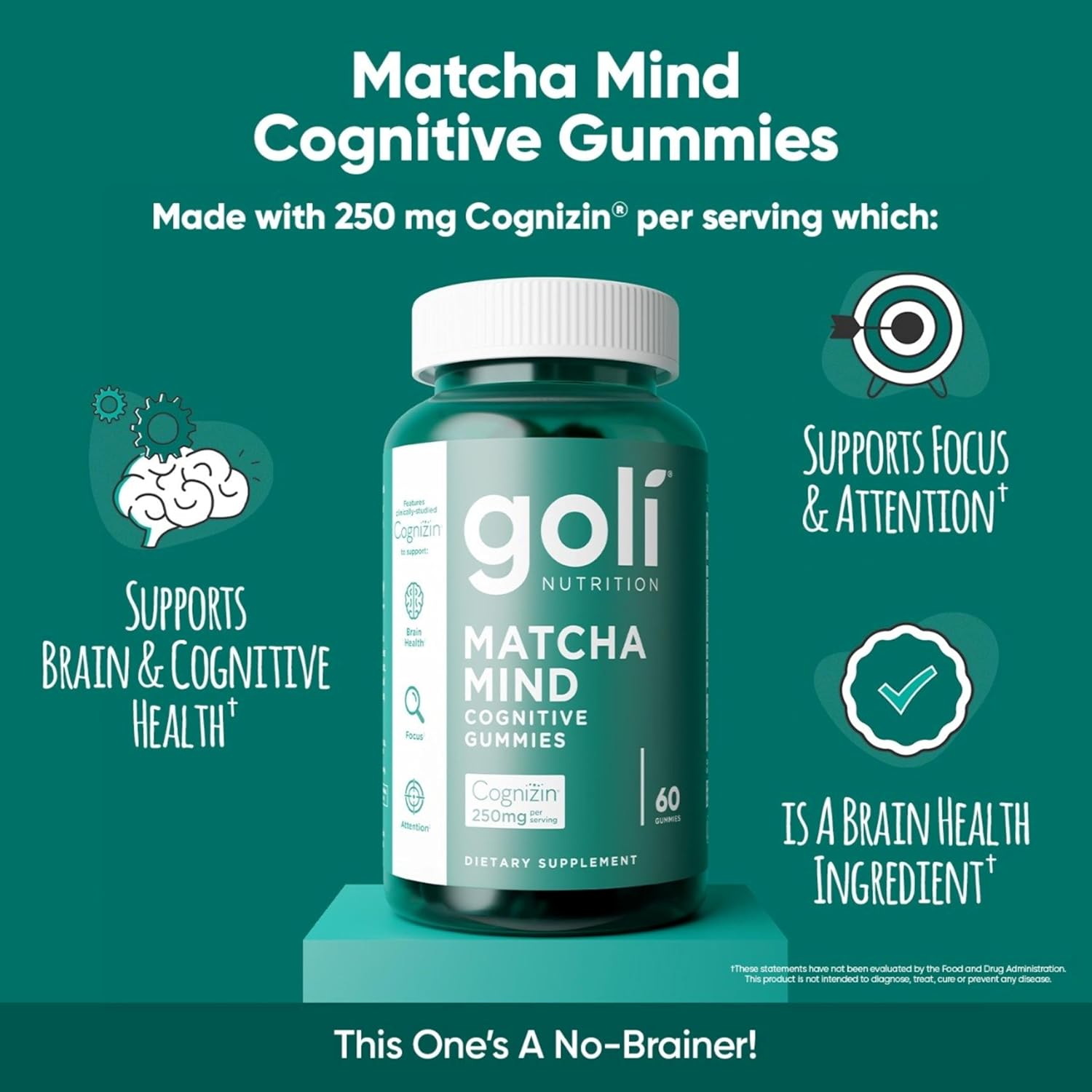 Goli Matcha Mind Cognitive Gummies with Cognizin Citicoline - 250mg Citicoline Plus Matcha Powder - Brain Health and Focus Support - Vegan, Non-GMO, Gluten-Free