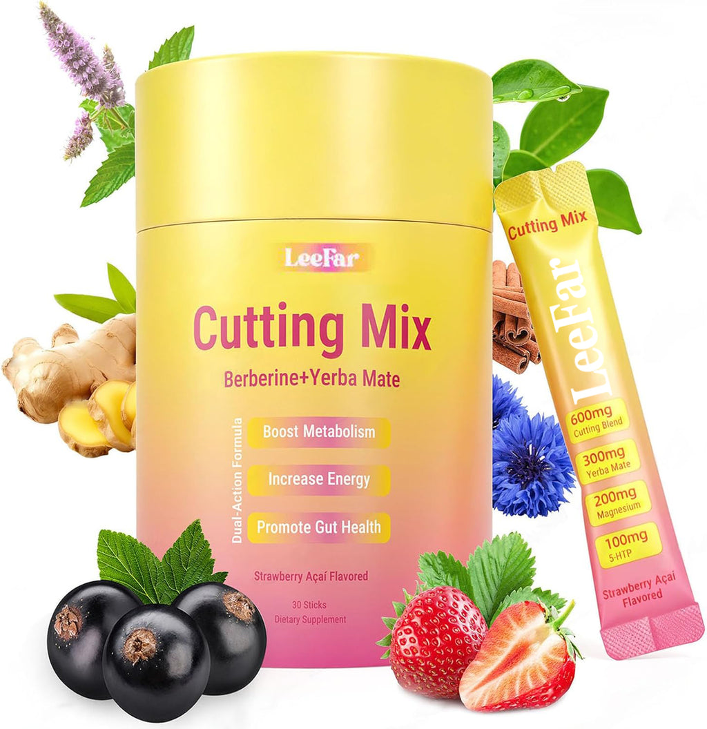Cutting Drink Mix - Berberine, 5-HTP & Yerba Mate for Satiety Signaling, Metabolism & Gut Health - Strawberry Acai Flavor, 30 Count