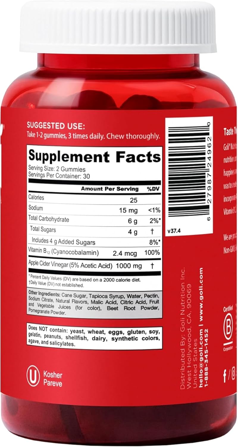Goli Apple Cider Vinegar Gummies - Worlds First ACV Gummy with Vitamin B12, Beetroot & Pomegranate - Vegan, Non-GMO, Gluten-Free