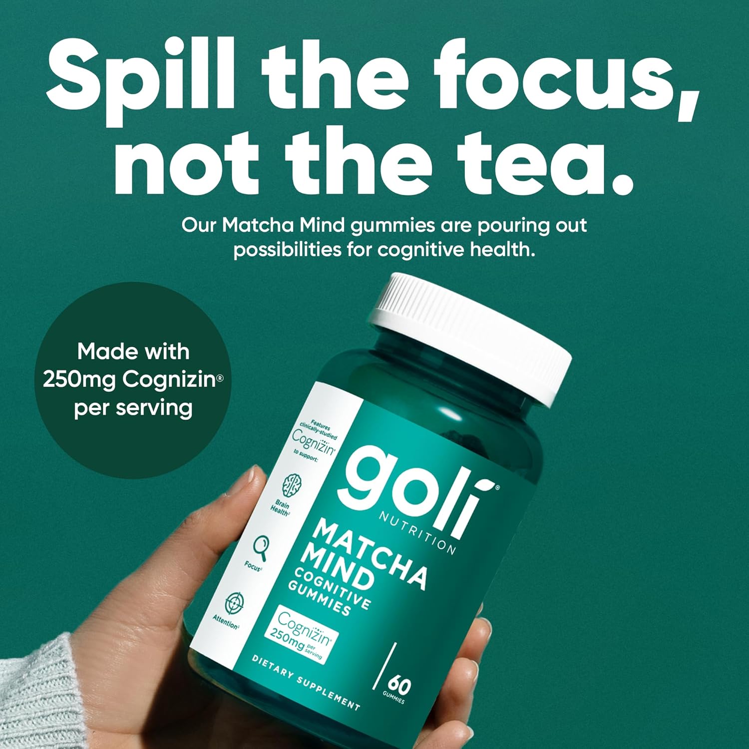 Goli Matcha Mind Cognitive Gummies with Cognizin Citicoline - 250mg Citicoline Plus Matcha Powder - Brain Health and Focus Support - Vegan, Non-GMO, Gluten-Free