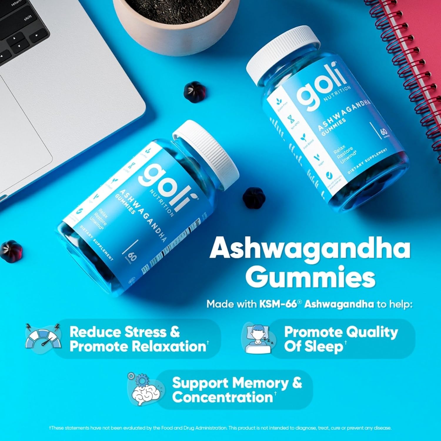 Goli Zero Sugar Ashwagandha & Vitamin D, Maca, L-Theanine Gummies, No Artificial Sweeteners, No Sugar Alcohols. Mixed Berry, KSM-66, Vegan, Plant Based, Non-GMO, Gluten-Free & Gelatin Free.