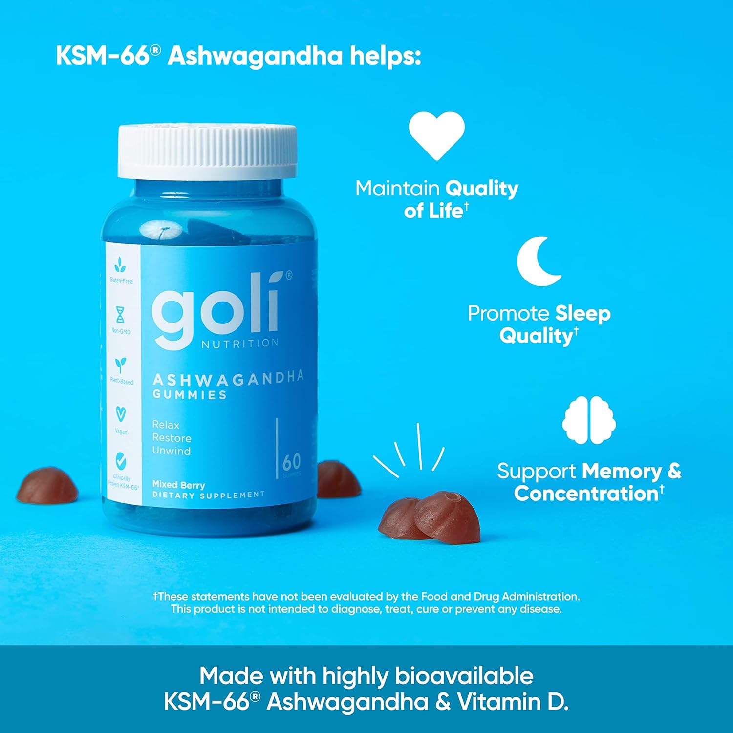 Goli Zero Sugar Ashwagandha & Vitamin D, Maca, L-Theanine Gummies, No Artificial Sweeteners, No Sugar Alcohols. Mixed Berry, KSM-66, Vegan, Plant Based, Non-GMO, Gluten-Free & Gelatin Free.