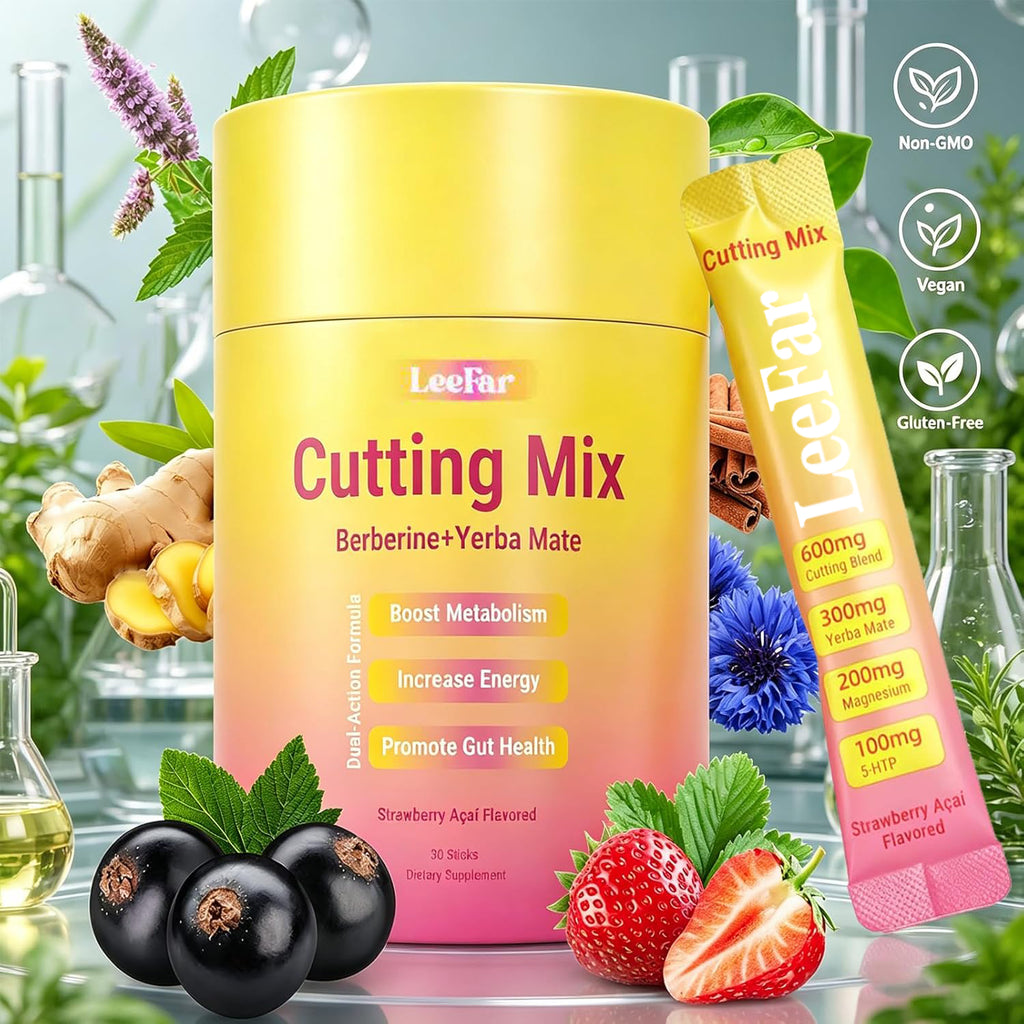 Cutting Drink Mix - Berberine, 5-HTP & Yerba Mate for Satiety Signaling, Metabolism & Gut Health - Strawberry Acai Flavor, 30 Count
