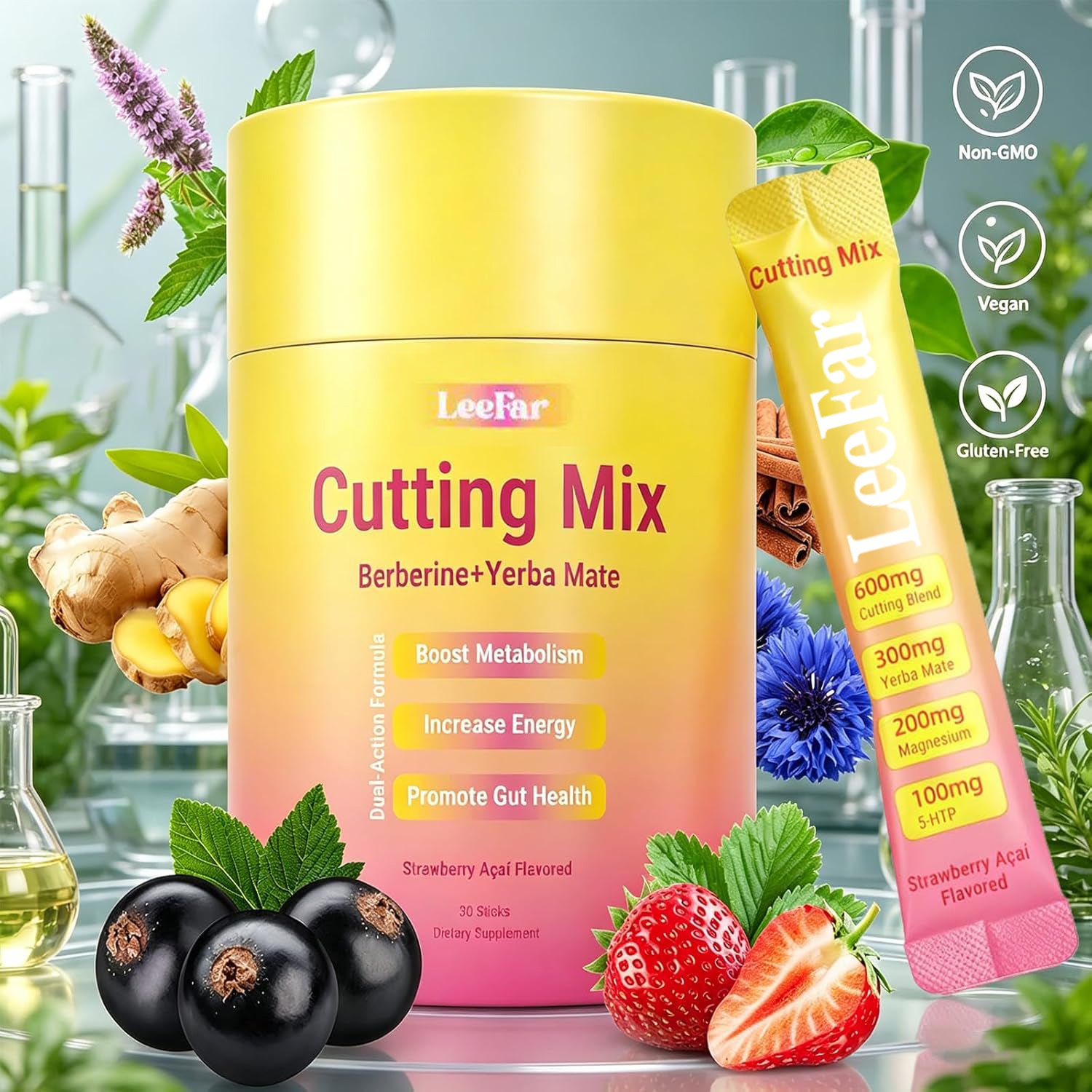 Cutting Drink Mix - Berberine, 5-HTP & Yerba Mate for Satiety Signaling, Metabolism & Gut Health - Strawberry Acai Flavor, 30 Count