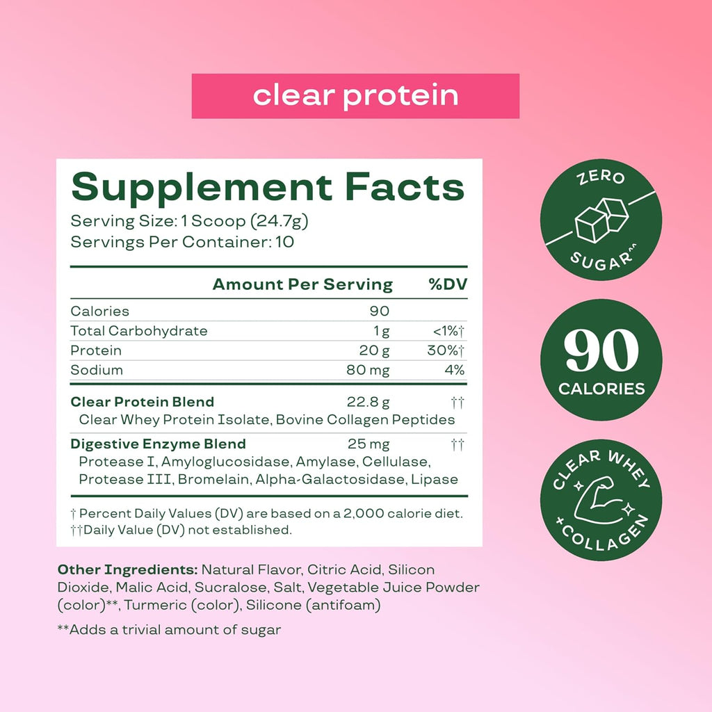 Clear Protein Powder 247g - Clear Whey + Collagen Protein Blend | 20g Protein, 90 Calories, 0g Sugar, Light & Refreshing Fruity Drink | Protein for Women