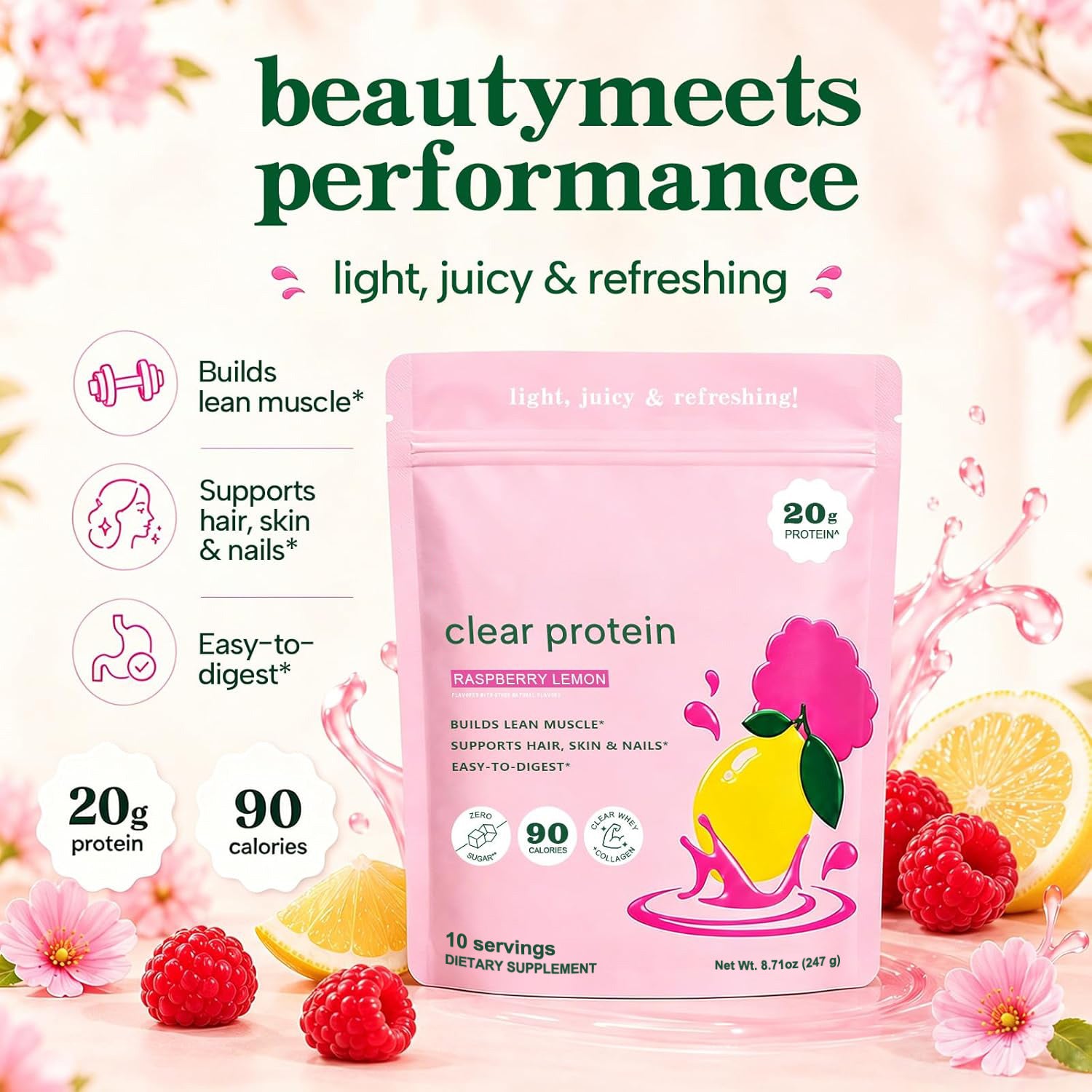 Clear Protein Powder 247g - Clear Whey + Collagen Protein Blend | 20g Protein, 90 Calories, 0g Sugar, Light & Refreshing Fruity Drink | Protein for Women
