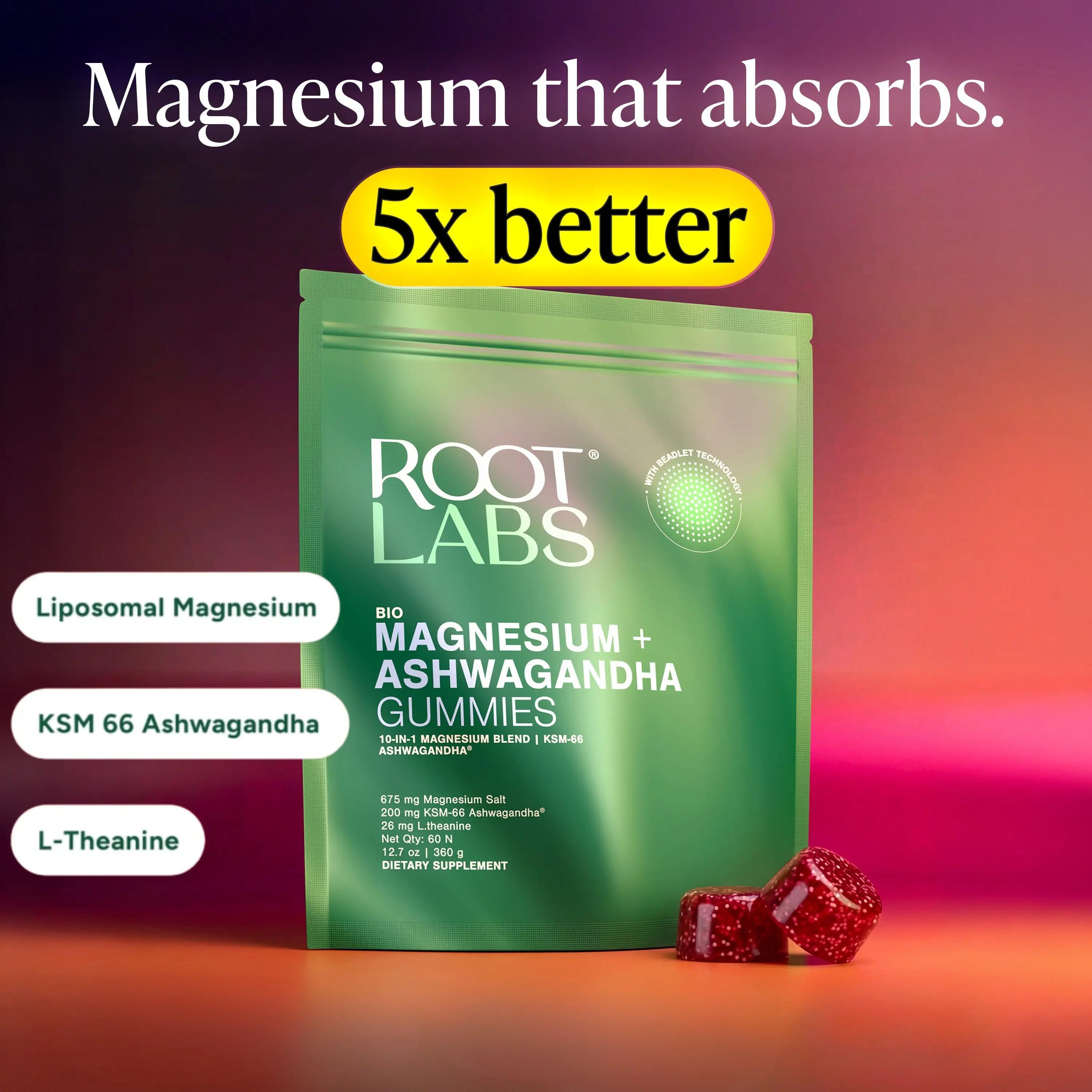 Root Labs Liposomal Magnesium + Ashwagandha Gummies with Beadlet Technology | 675mg Multi-Form Magnesium Salt, 200mg KSM-66 Ashwagandha, 26mg L-Theanine | High Bioavailability Gummies | Stress Relief, Sleep Support & Recovery | 60 Gummies (30 Servings)
