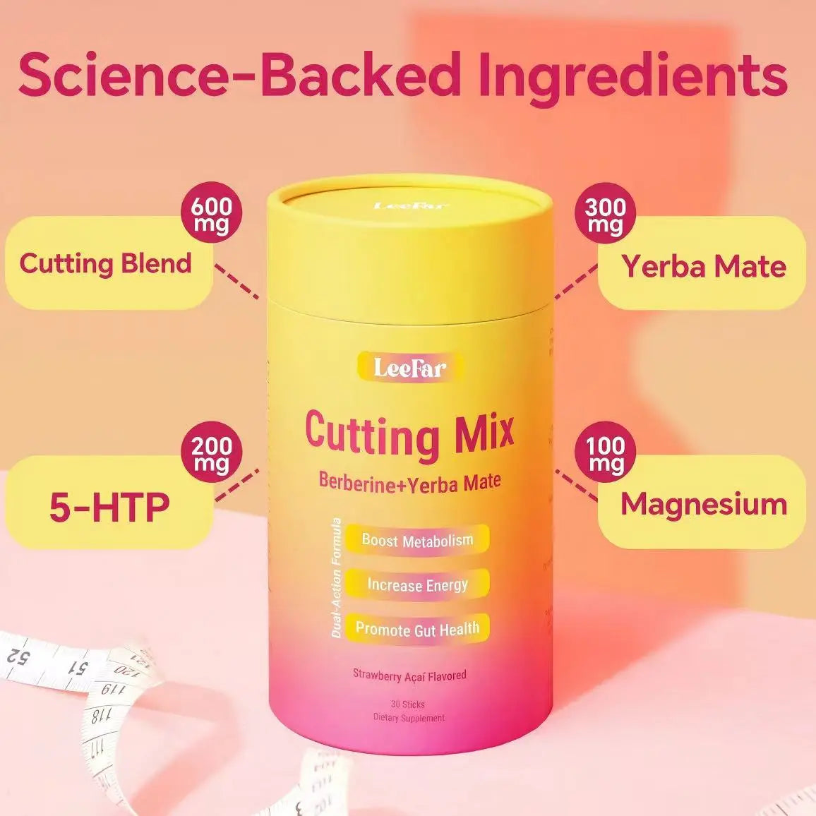 Cutting Drink Mix - Berberine, 5-HTP & Yerba Mate for Satiety Signaling, Metabolism & Gut Health - Strawberry Acai Flavor, 30 Count