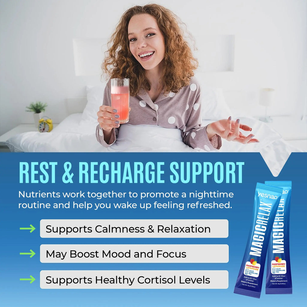 Yesnap MAGICRELAX Calming Sparking Mix with 8-in-1 Magnesium KSM-66 Ashwagandha Saffron Vitamin D3 GABA L-Theanine Supports Cortisol Balance Mood Sleep 30 Servings No Sugar Non GMO Raspberry Lemonade Flavor