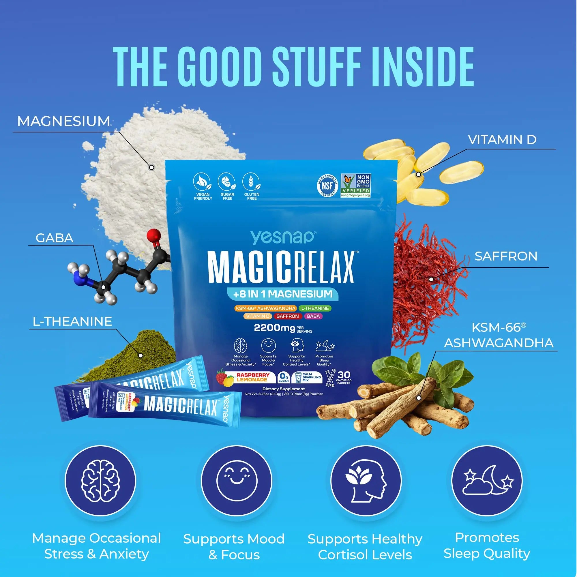 Yesnap MAGICRELAX Calming Sparking Mix with 8-in-1 Magnesium KSM-66 Ashwagandha Saffron Vitamin D3 GABA L-Theanine Supports Cortisol Balance Mood Sleep 30 Servings No Sugar Non GMO Raspberry Lemonade Flavor